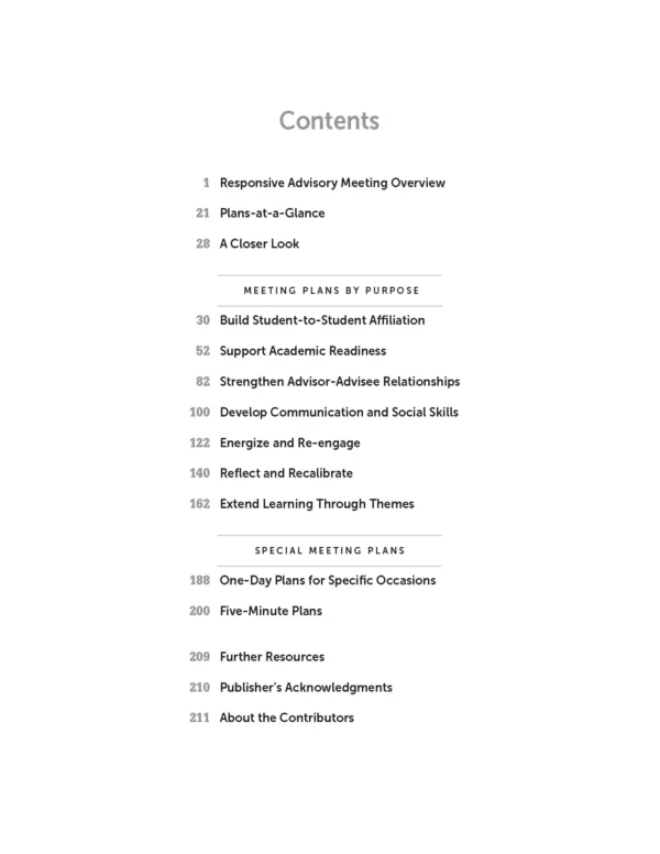The table of contents for the Responsive Classroom Responsive Advisory Meeting book for middle school.