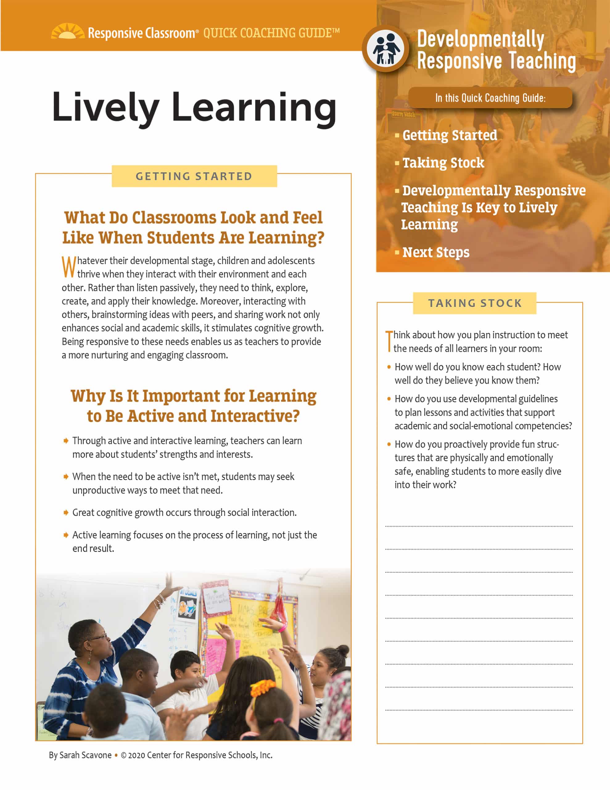 Quick Coaching Guide Lively Learning Responsive Classroom