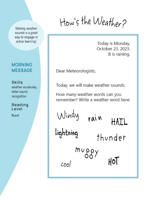 An image of the Responsive Classroom Morning Meeting message How's the Weather